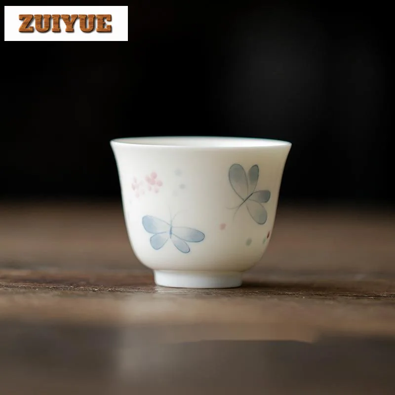 Taza de té de mariposa dibujada a mano, tazón de té creativo, taza de té con olor para adornos de té, regalos, 45ml, 2 piezas por juego