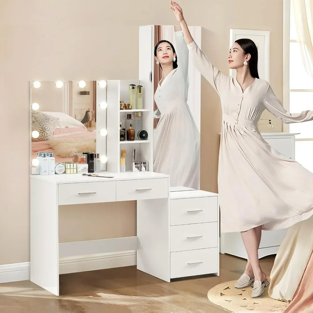 Vanity Desk with Full-Length Mirror and Lights, Makeup Vanity Table with Jewelry Cabinet, 2 Drawers & 2 Shelves,Vanity