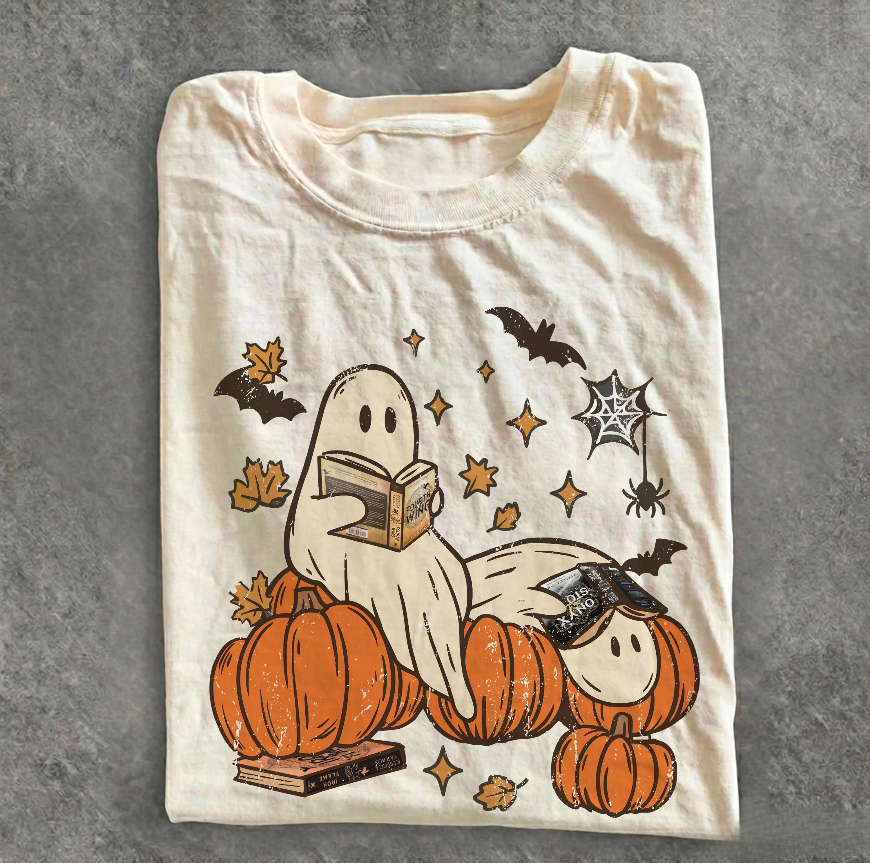 Ghost Reading Shirt Women Men Bookish Halloween Tees Fourth Wing Ghost Vintage Halloween 100% Cotton Shirt