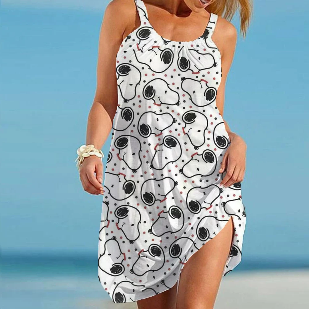 

Snoopy Kawaii Women's Beach Dresses Leisure Boho Sanrio Elegant Chic Dress Sling Y2k S-3XL 2024 Summer Youthful Woman Clothes