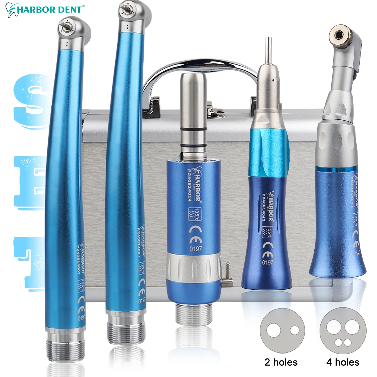 5Pcs/Kit Dental High&Low Speed Handpiece Standard Head Metal Box AirTurbine Straight Contra Angle Air Motor 2/4 Holes  Color