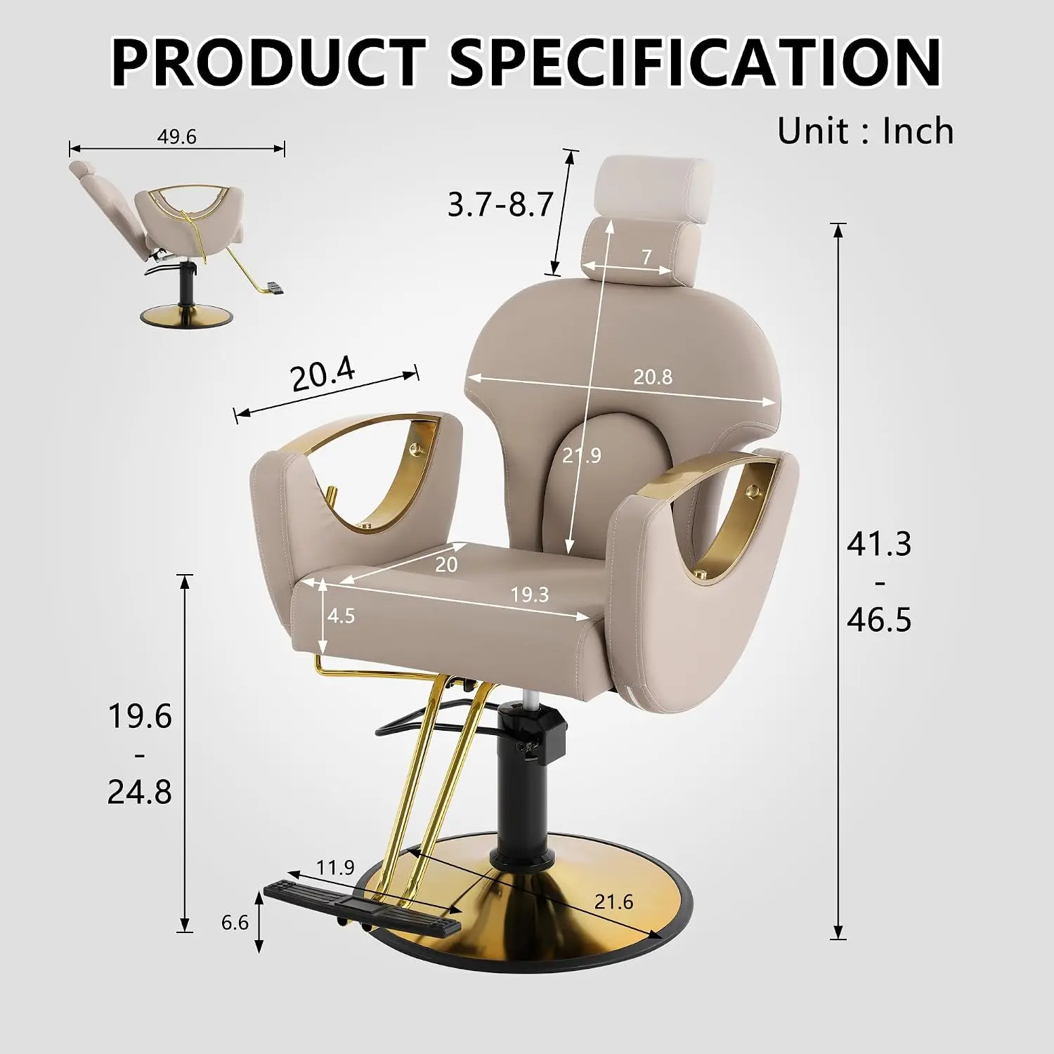 360° Swivel Reclining Salon Barber Chair, Height Adjustable Hair Stylist Chair for Barbershop Beauty Spa, Grey, Customized - view 2
