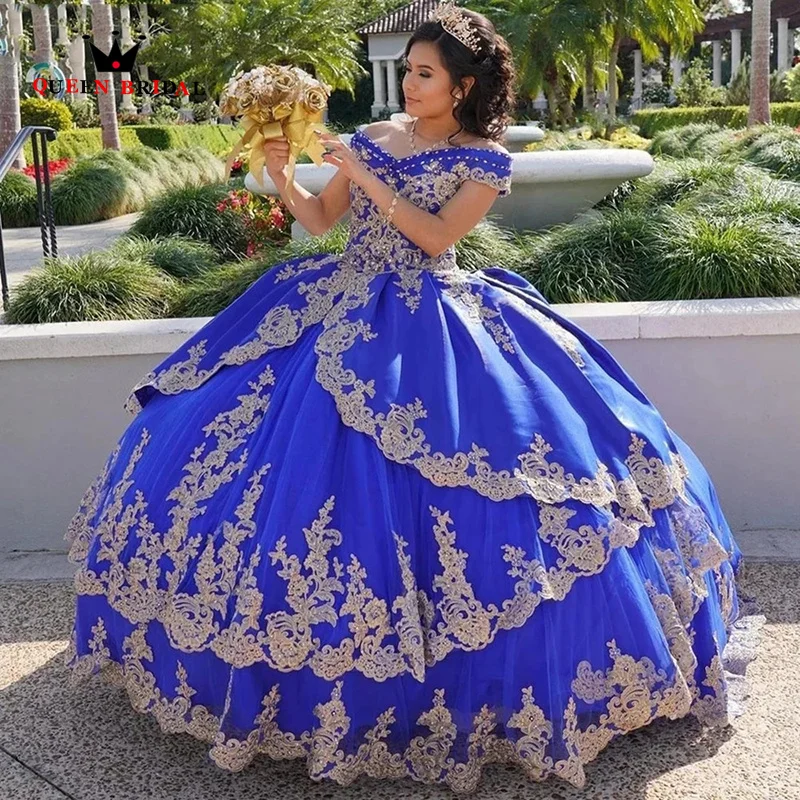 Vintage vestido de quinceañera 2023 Royal Blue V-Neck Ball Gowns Gold Appliques Sweet 16 vestidos de 15 años Custom Made LJ63