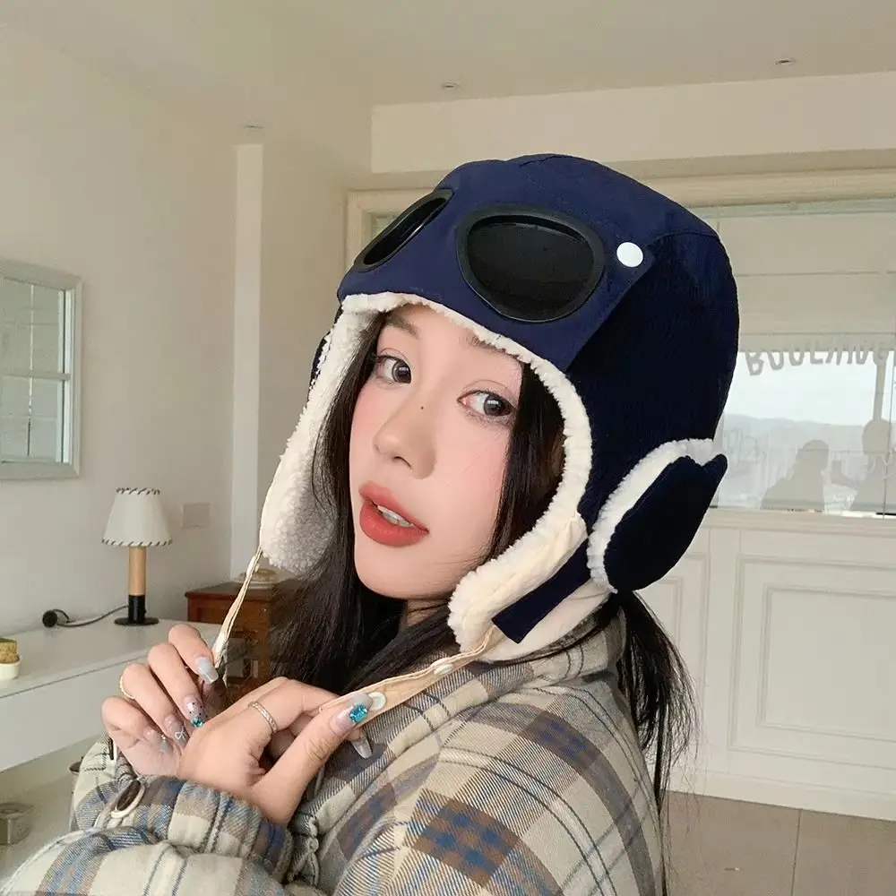Casual Windproof Winter Pilot Hat With Goggles Anti Fog Ear Protection Warm Ski Hat Warm Cold Proof Plush Hat Skiing