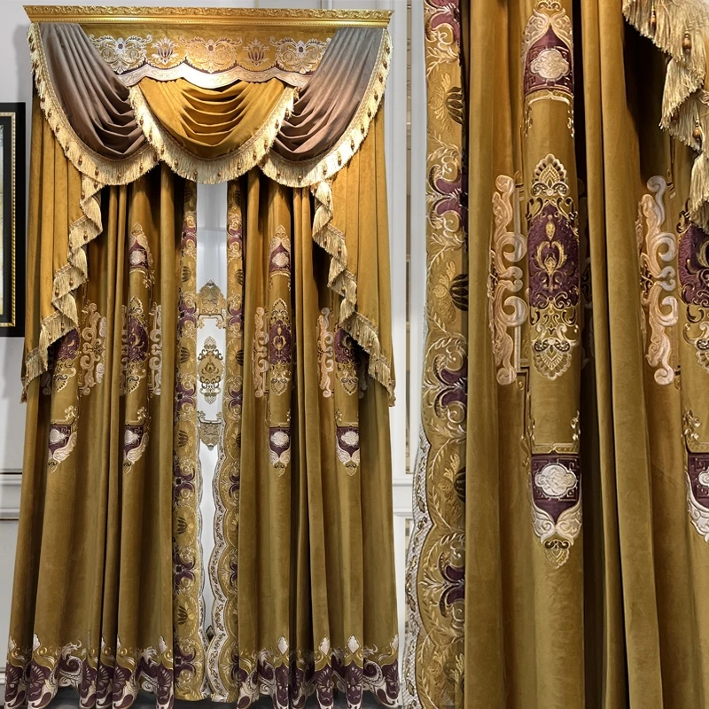 Custom European high villa elegant thick luxury velvet embroidered gold  cloth blackout curtain tulle valance drape C2156