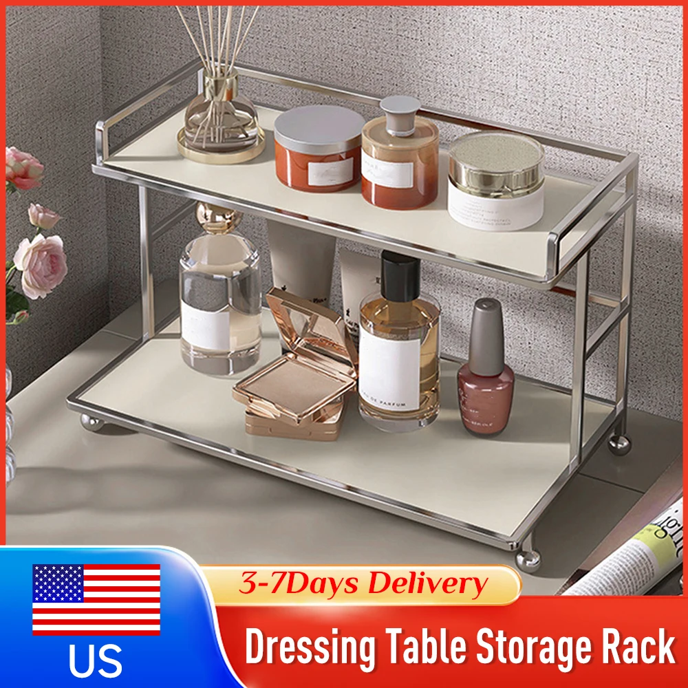 

2 Tier Bathroom Vanity Organizer Acrylic Metal Storage Rack for Makeup Kitchen Spice Office Living Room Entrance Hall Cup Holder