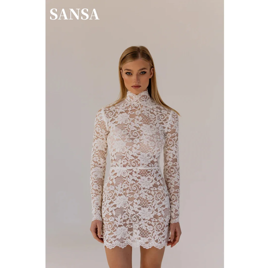 

Sansa Boho High Neck Mini Wedding Dress Lace Long Sleeve Prom Dress Gorgeous Short Vestidos De Fiesta فساتين سهرة