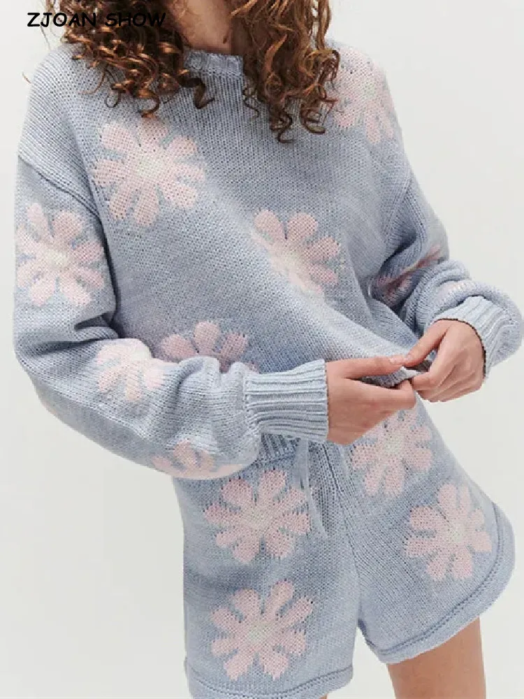 Autumn Light Blue with Pink Flower Knitted Full Sleeve Pullover Sweater Adjustable Lacing up High Waist Mini Shorts 1 Set