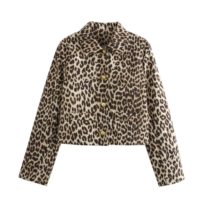 TRAF-Chaqueta corta con estampado de leopardo para mujer, abrigo de manga larga con botones a la moda, prendas de vestir exteriores informales, otoño