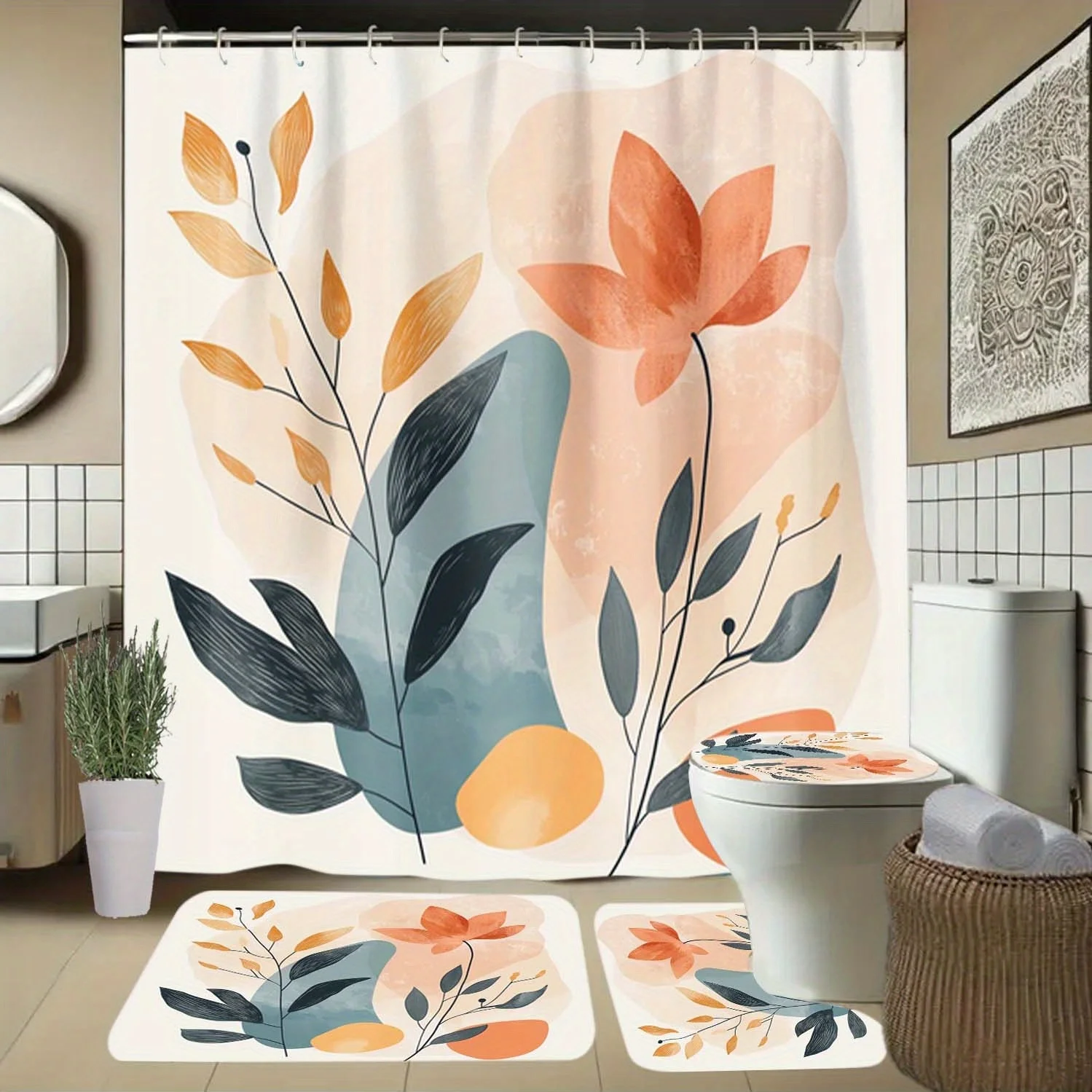 

4pcs Orange Flowers, Leaves, Abstract Background Pattern Shower Curtain with Hooks, Bathroom Partition Curtains, Bathroom