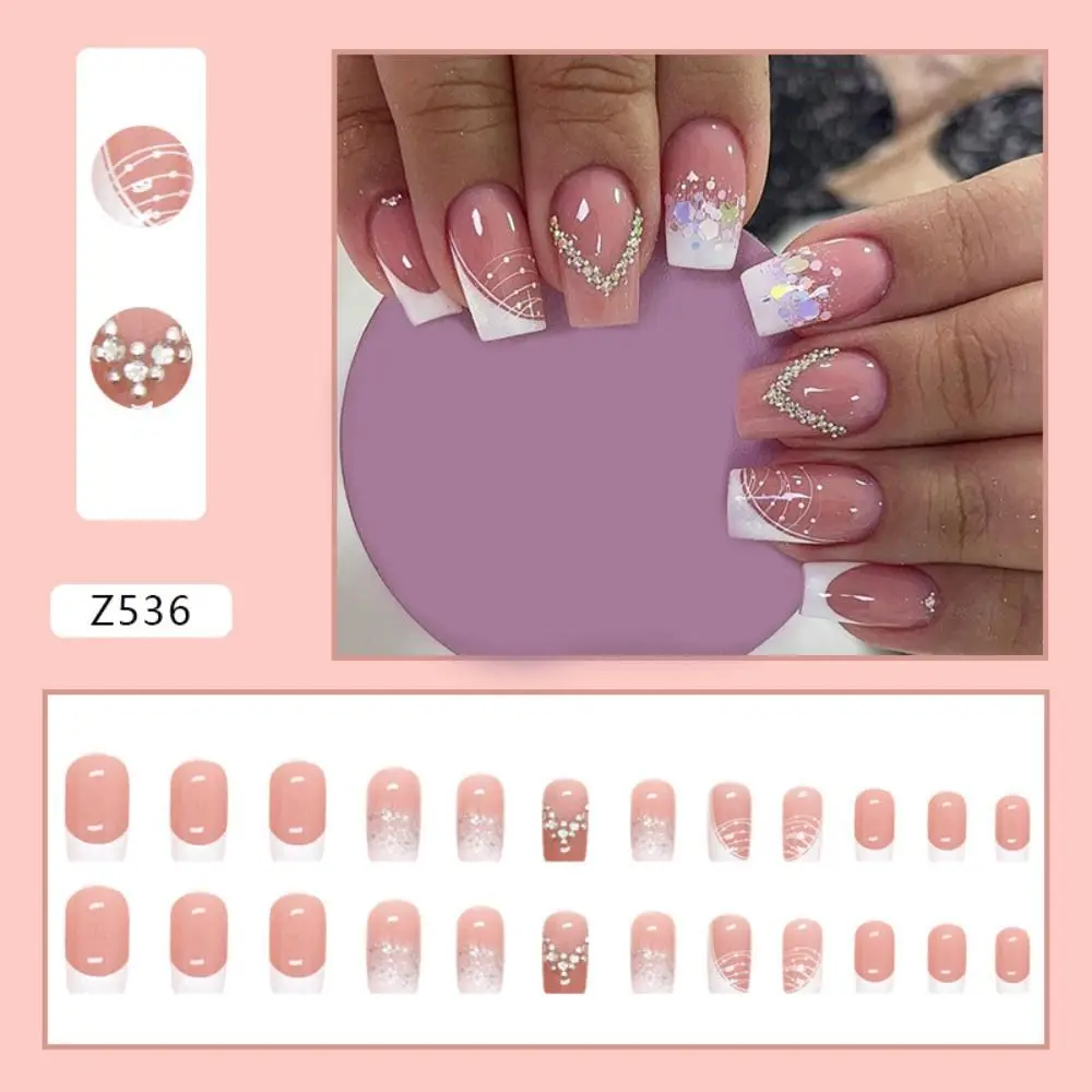 24 stücke Maniküre Kristall gefälschte Nials DIY lange quadratische französische falsche Nägel glitzern