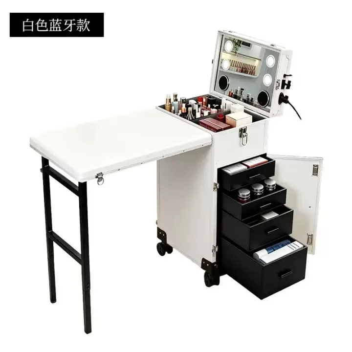 Multifunctional Makeup Jewelry Toolbox with Wheels Table Large Aluminum Nail Hairdressing Trunk with Locks Mirrors Bluetooth