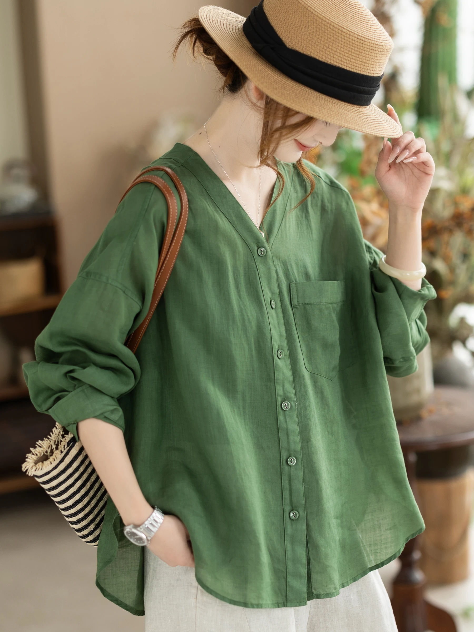 

Loose Fit Linen V-Neck Long Sleeve Shirt Women's Spring Summer Slimming Front Buttoned Casual Style Top Female Clothing
