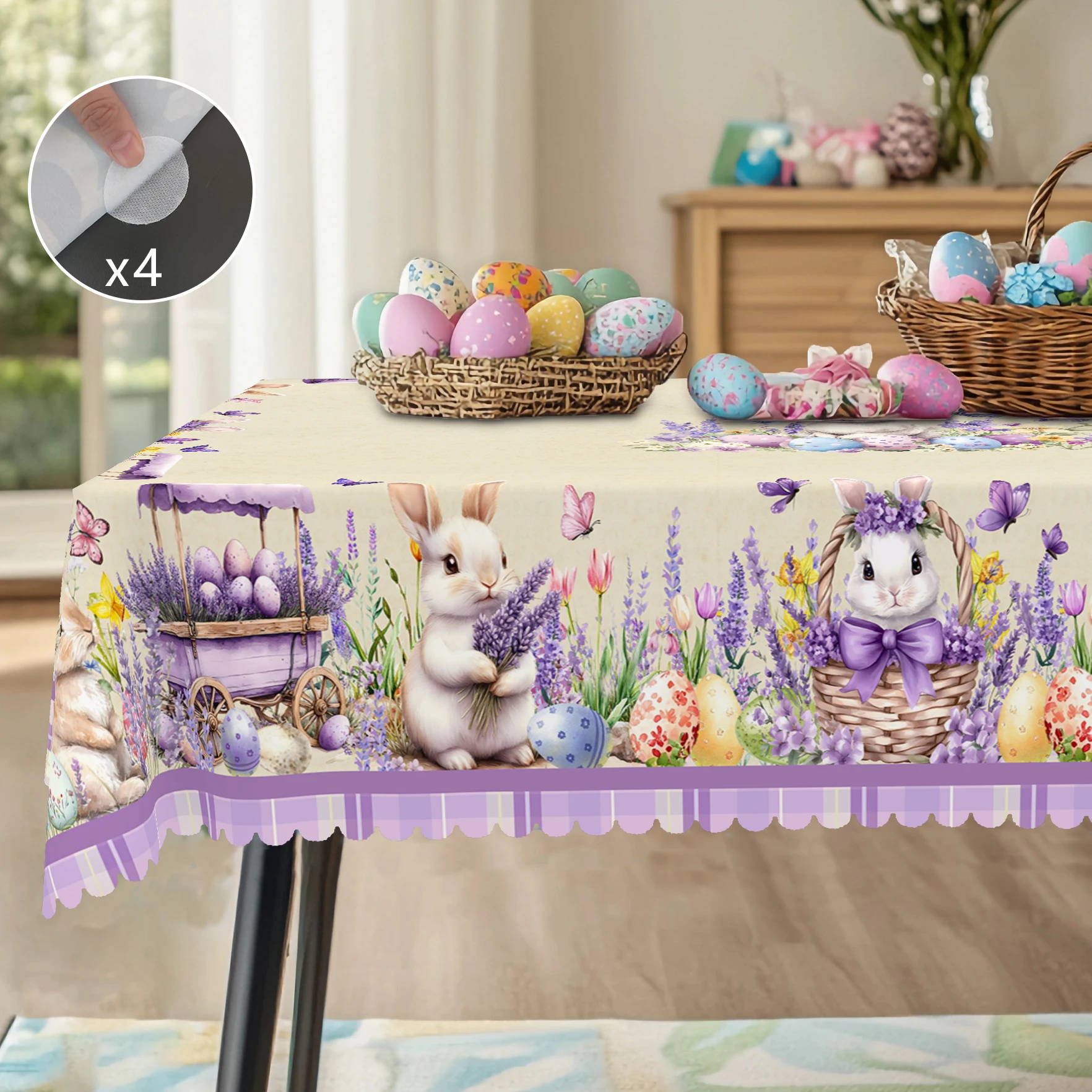 1 Piece Easter Round Decorative Tablecloth Table, 5 Sizes Available, Easter Bunny Egg Lavender Plaid Printed Tablecloth, Edge Embossing Process, Spring Garden Tablecloth Decoration, Tablecloth for Daily Home Kitchen, Terrace Use, Easter Decoration