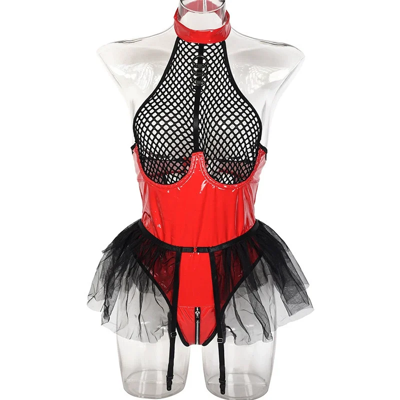 شبكة الجوف خارج بو اللاتكس الجلود مفتوحة المنشعب ارتداءها المرأة مثير الملابس الداخلية الملابس الداخلية مجموعة المثيرة انظر من خلال الأزياء