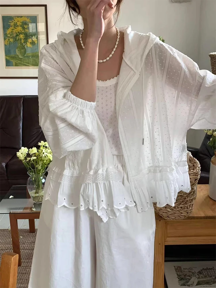 

Liangliang Design Heavyweight Lace Trim Hooded Sun Protection Jaet Women's Summer Lazy Sle Top Long Sve Sweet Sle Pu...