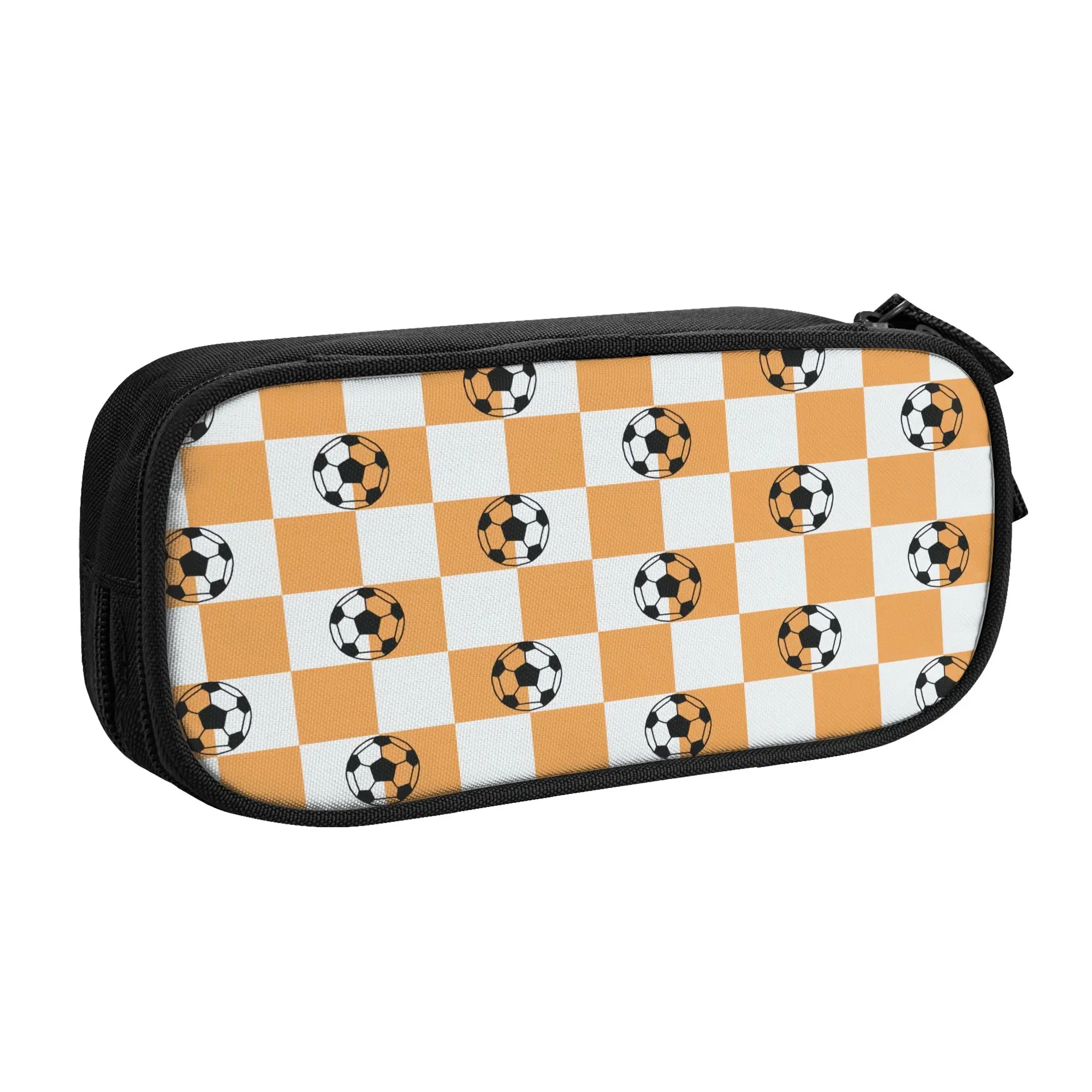 Kawaii Bright Orange Checks Soccer Balls  Pencil Cases for Boys Girls Big Capacity Footbally  Pencil Pouch School Supplies