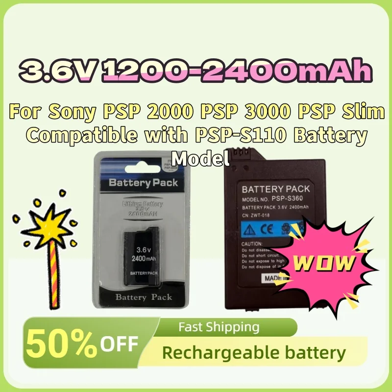 

For Sony PSP 2000 PSP 3000 PSP Slim Compatible with PSP-S110 Battery Model 3.6V 1200-2400mAh Replacement Li-Ion Battery