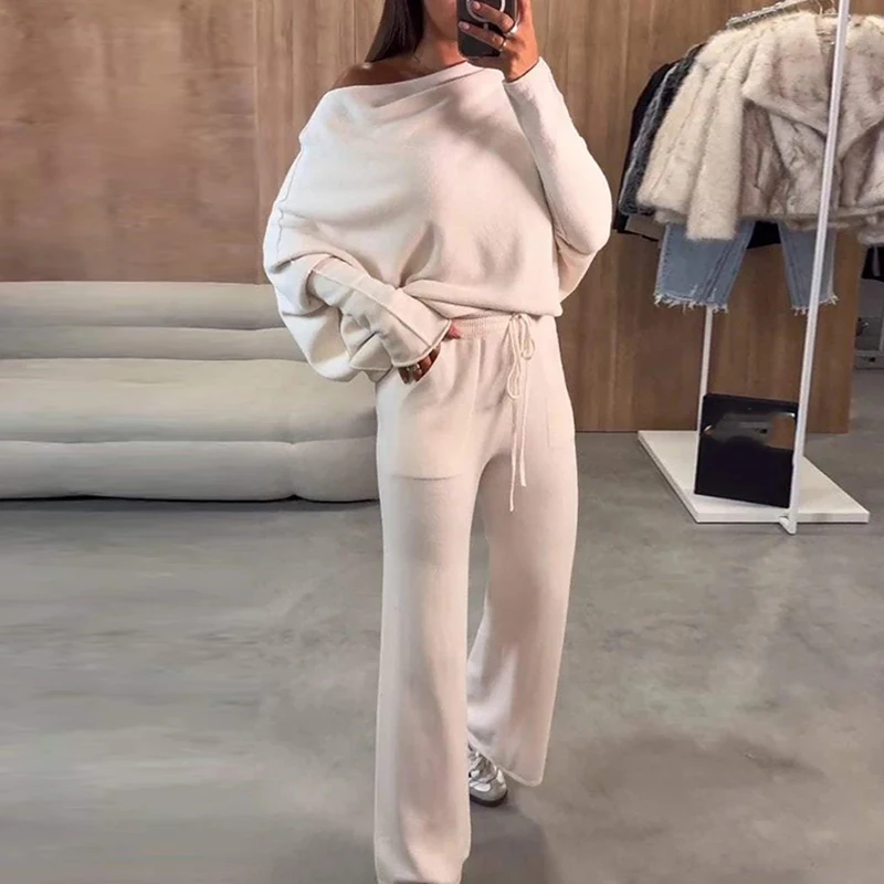 Women Casual Long Sleeve Solid Homewear Suit Elegant Wide Leg Loose 2Pc Outfits Sexy Off Shoulder Pullover Top & Long Pant Sets