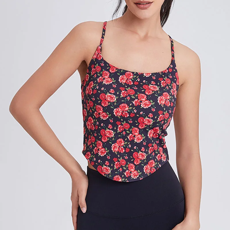 2024 musim panas wanita seksi atasan Crop bahu terbuka kamisol tanpa lengan olahraga kebugaran Yoga rompi ramping Tank Top cetak bunga wanita