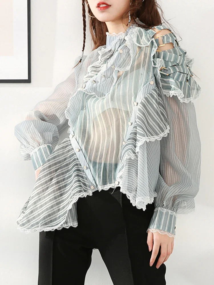 Sukienka damska asymetryczna z kokardą z organzy, metalowym guzikiem, na wybieg, nowa, stójka, długi bufiasty rękaw, moda jesień 2025, jesień 2025 2F0289