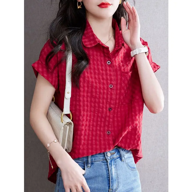 Summer Fashion Vintage Plaid Printing Short Sleeve Shirt Ladies Polo-neck Buttons Pocket Cardigan Top Women Loose Casual Blouse