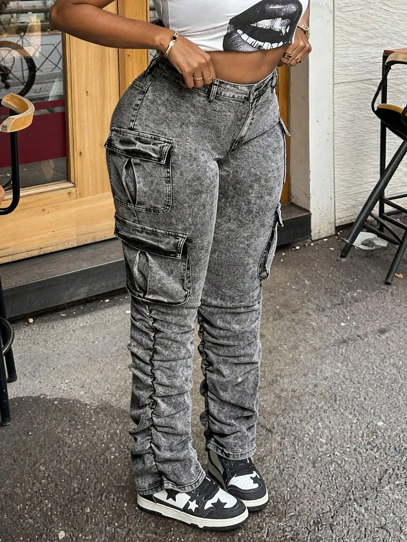 

Серые джинсы-карго больших размеров с драпировкой на низах, высокая талия, эластичный деним для уличного стиля Y2K