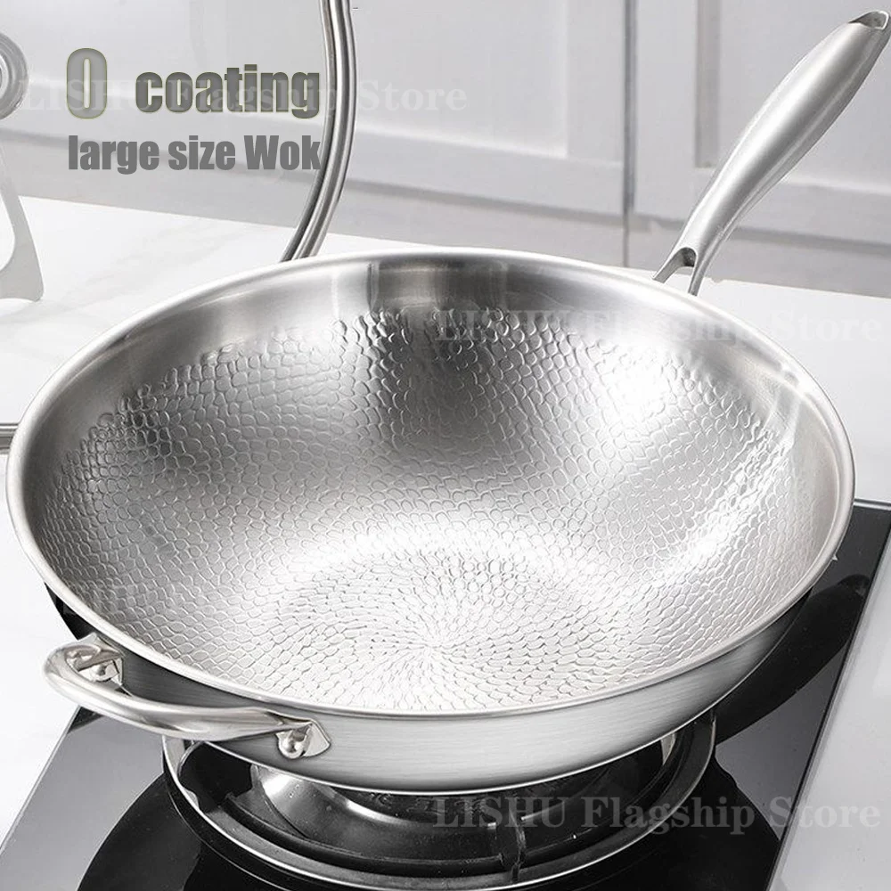 Panela Wok de Aço Inoxidável Titânio Martelado de 12.6/13.39 Polegadas, Antiaderente, para Fogão a Gás e Indução, Utensílio de Cozinha Chinês para Uso Doméstico