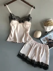 Conjunto de Pijama de satén sin mangas para mujer, lencería Sexy, Tops sin tirantes, pantalones, ropa de dormir