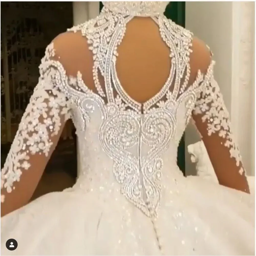 Customized  Dubai Heavy Crystal Rhinestone High Neck Wedding Dresses 3D Lace Appliques Full Sleeves Puffy Ballgown Bridal Gowns