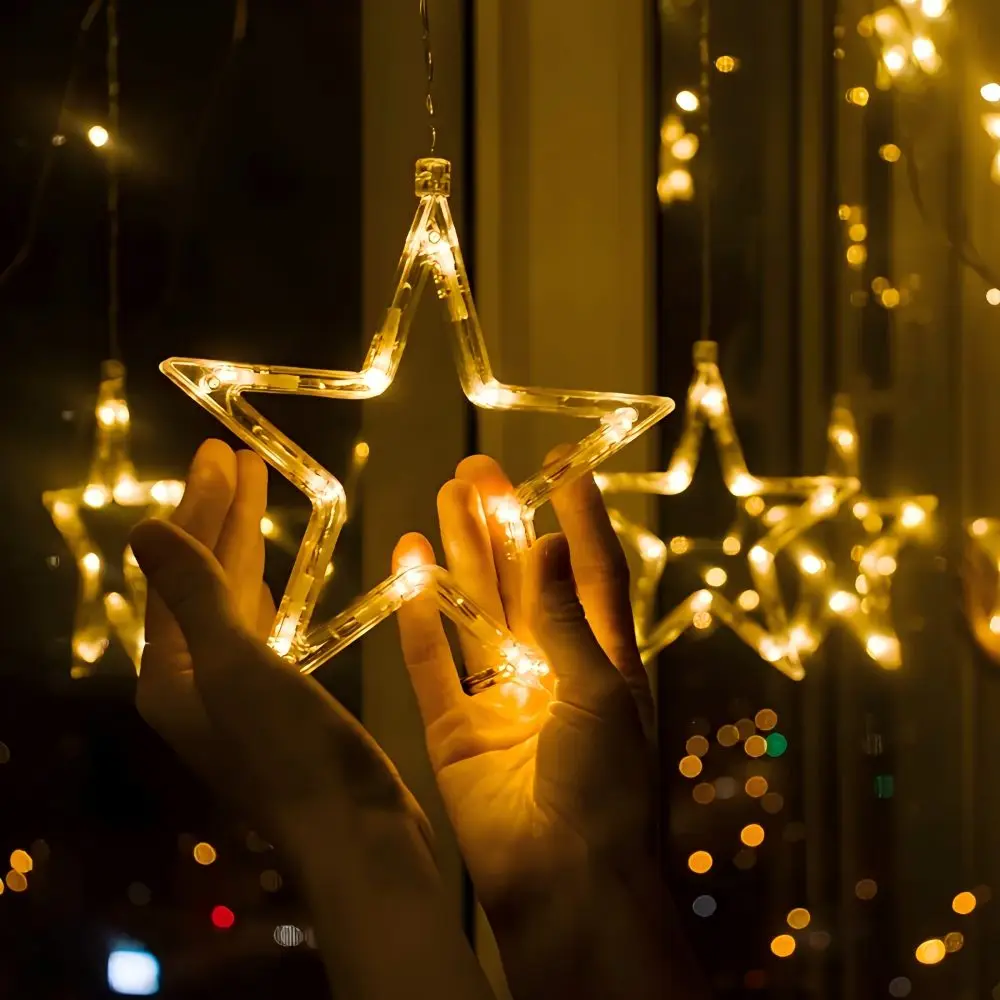 Natal led janela pendurado decorações, estrela santa floco de neve sino veado árvore em forma de luzes de fadas, ornamentos festivos