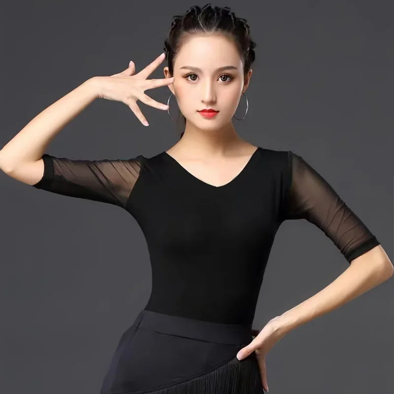 Black Elastic Mesh Lace See Through Half Sleeve Latin Dance Top Modern Flamenco Dancing Practice Leotard T Shirt Wholesale