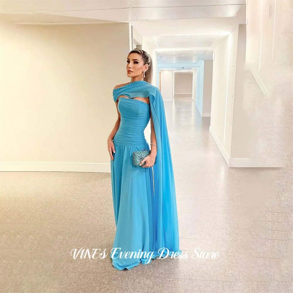 

VINES Turquoise Evening Dresses Flowing A Line Chiffon Gala Dress Simple Formal Dresses with Draped Cape Party Dress Customized