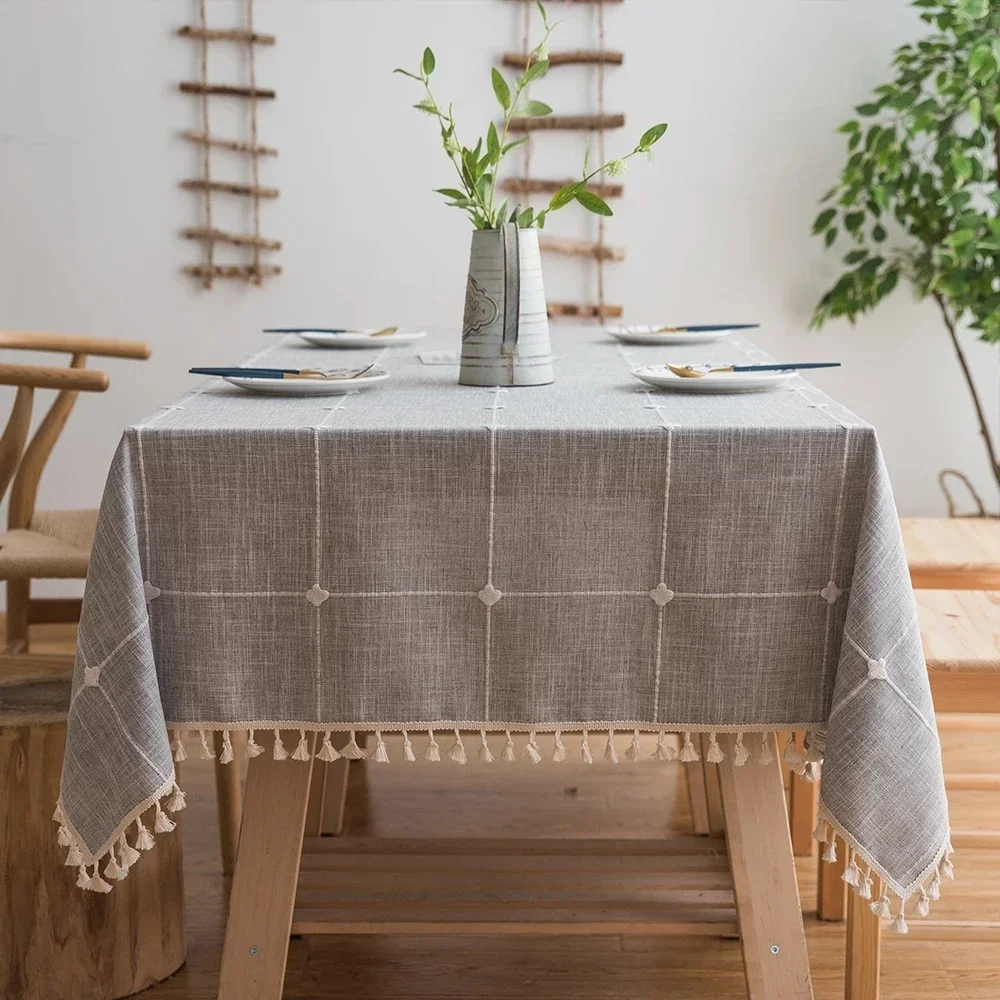 Plaid Decorative Linen Modern Table Cloth With Tassel Waterproof Oilproof Rectangular Tablecloth For Home Dining Tea Table Cover