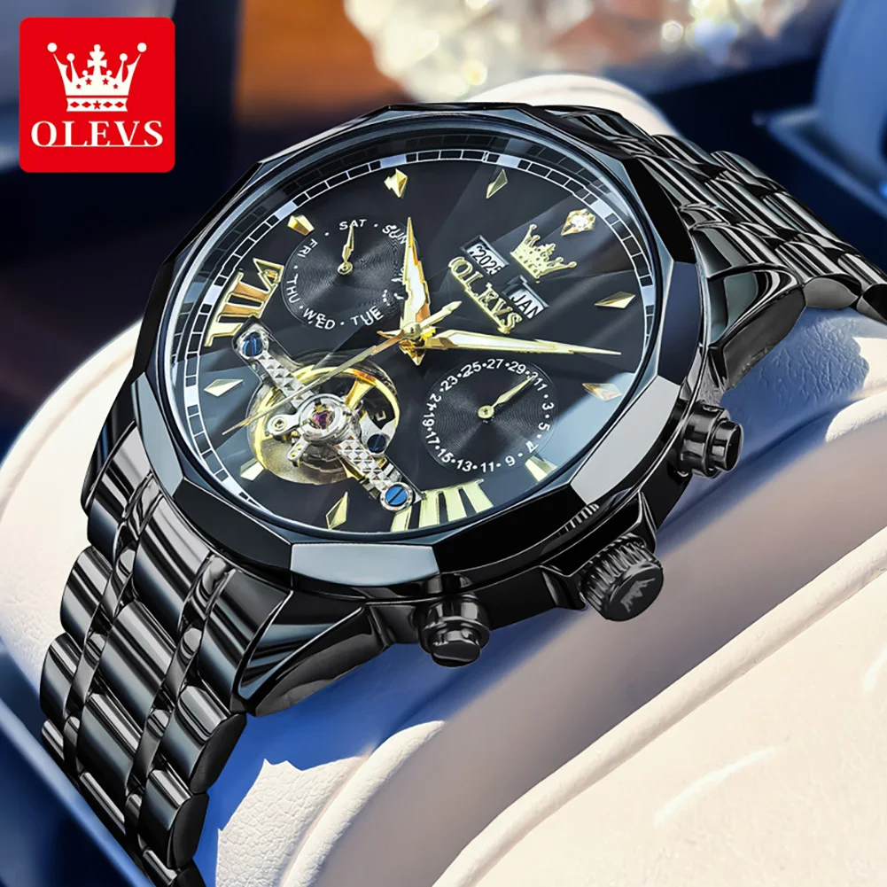 

OLEVS 6619 Men Mechanical Watch Luxury Brand Hollow out Flywheel Fully Automatic Watch Waterproof HD Rhombus Mirror Men Watch