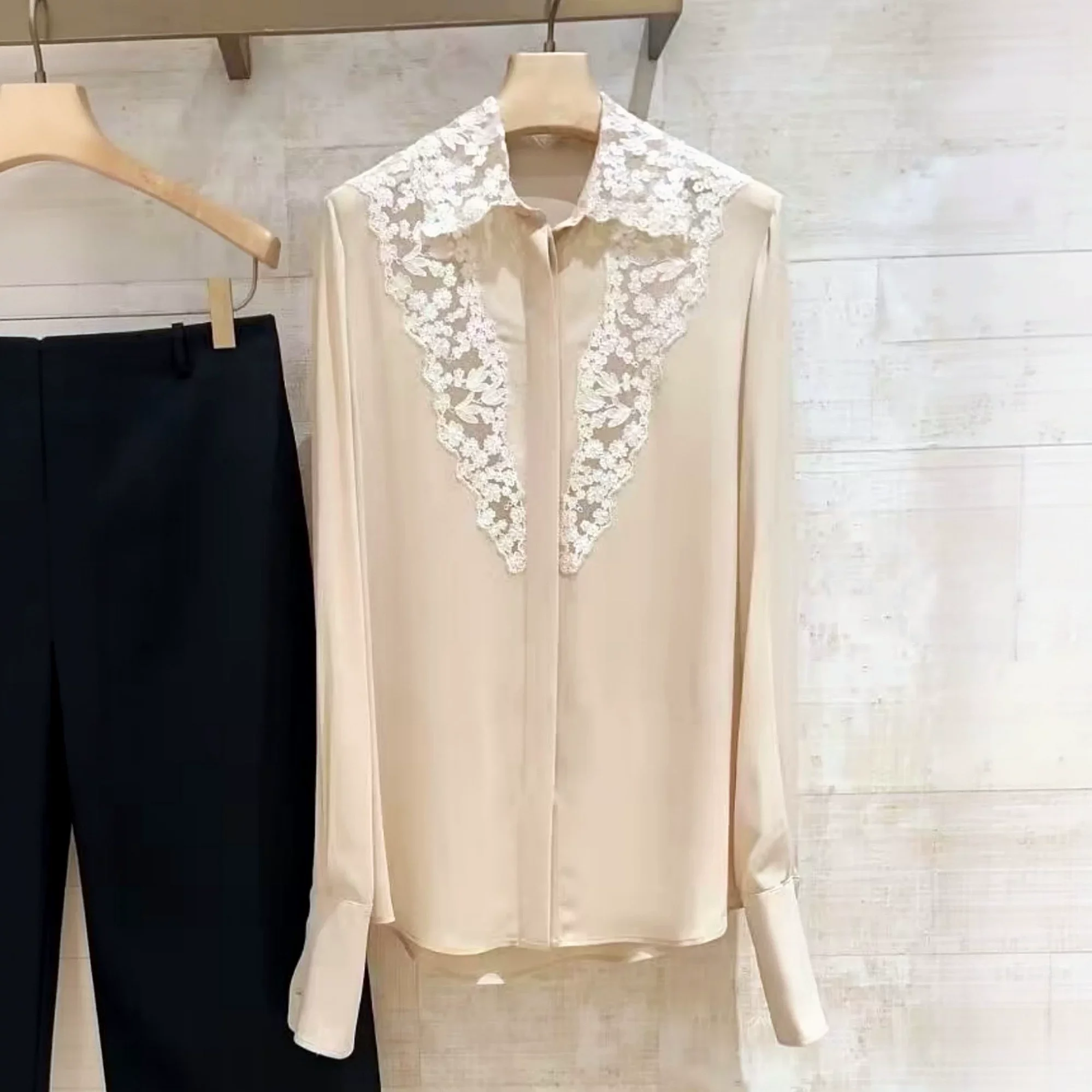 Designer Champagne Silk Crepe Blouse Vintage Embroidered Lace Yoke Long Sleeve Shirt High End Lady Top