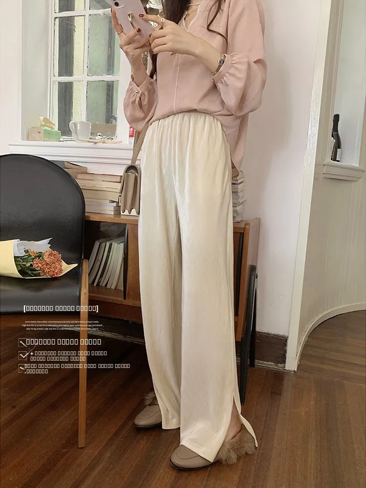 

Miss Squirrel Velvet Pants Lazy Straight Leg Casual Pants Full Elastic Waist Drapey Split High Waist Polyester Spandex Blend