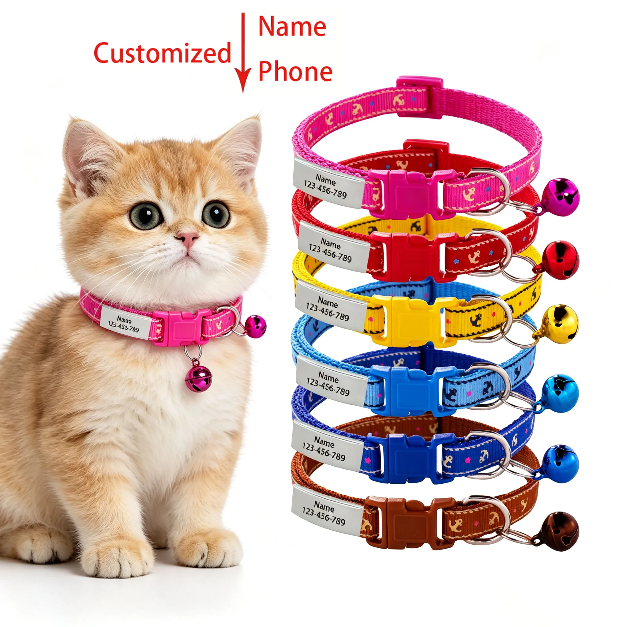 1pc with boat anchor print pattern effect personalized cat and dog collar with nameplate, cute cat collar with bell