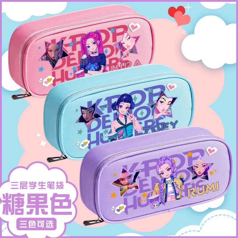 New K-Pop Demon Hunters Pencil Case Cute Large-Capacity Three-Layer Stationery Case Middle School Girl Gift