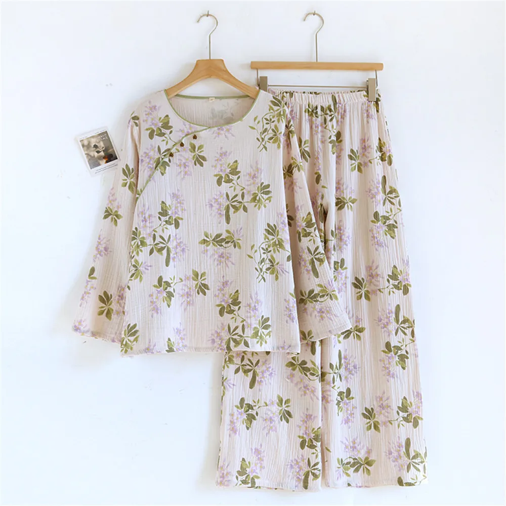 

Women Pajamas 2-Piece Set Cotton Gauze Long Sleeved Pants Floral Print Pajamas Homewear Ladies Pajamas Women Sleepwear