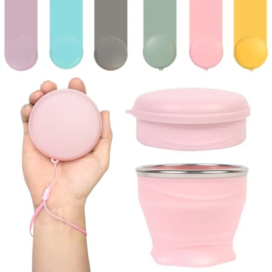 

Collapsible Travel Cup with Lid 6oz/180ml - BPA Free Silicone Folding Cup with Stainless Steel Rim - Portable Pocket Cup for Mo