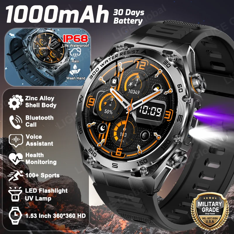 

LIGE New 1000mAh Large Capacity Battery Smart Watch Men Outdoor LED Flashlight UV Lamp Sports Fitness Bluetooth Call Smartwatch