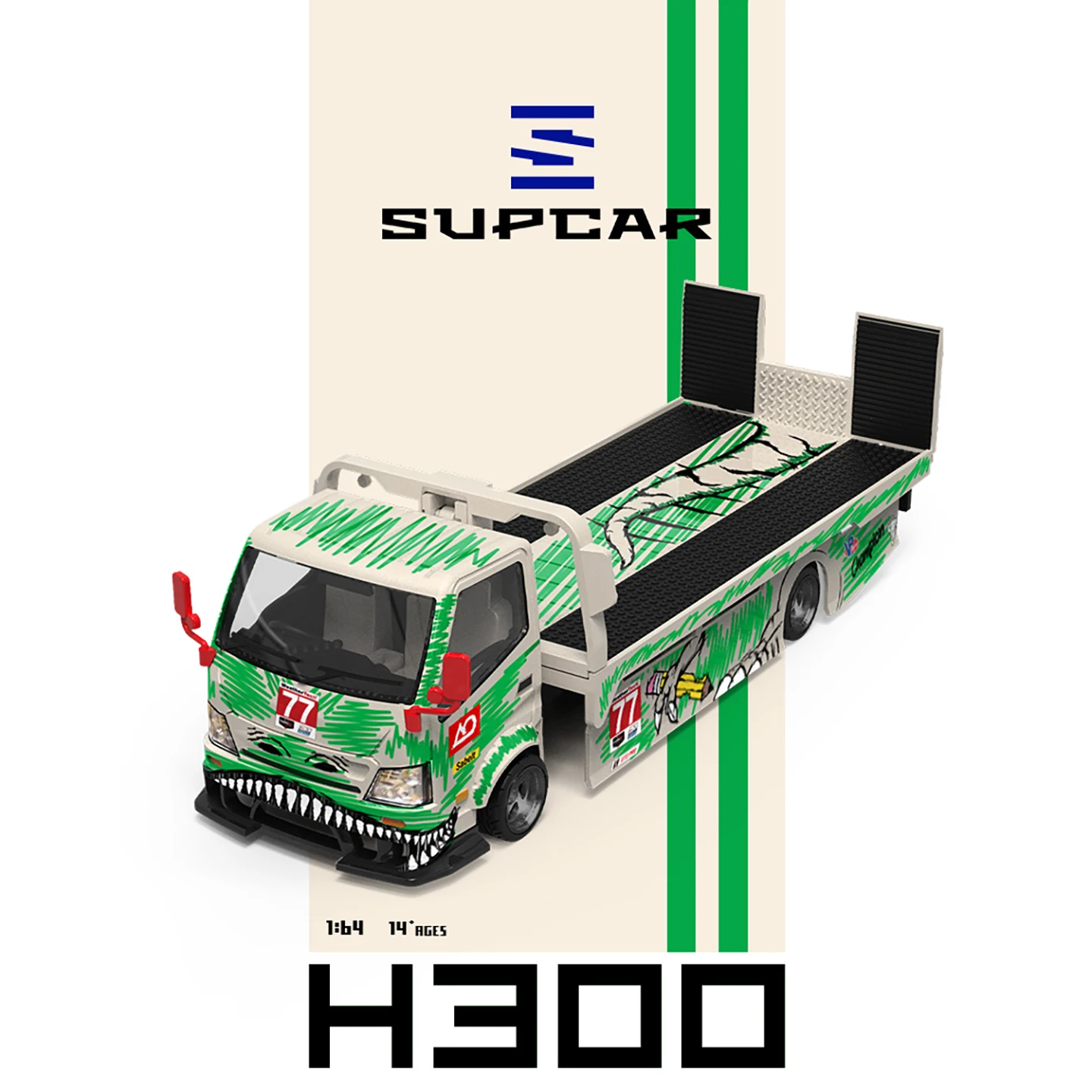 SUPCAR 1/64 No.77 White Green Dinosaur Graffiti H300 Flatbed Trailer Alloy Mini Truck High Detail Display Model Gift