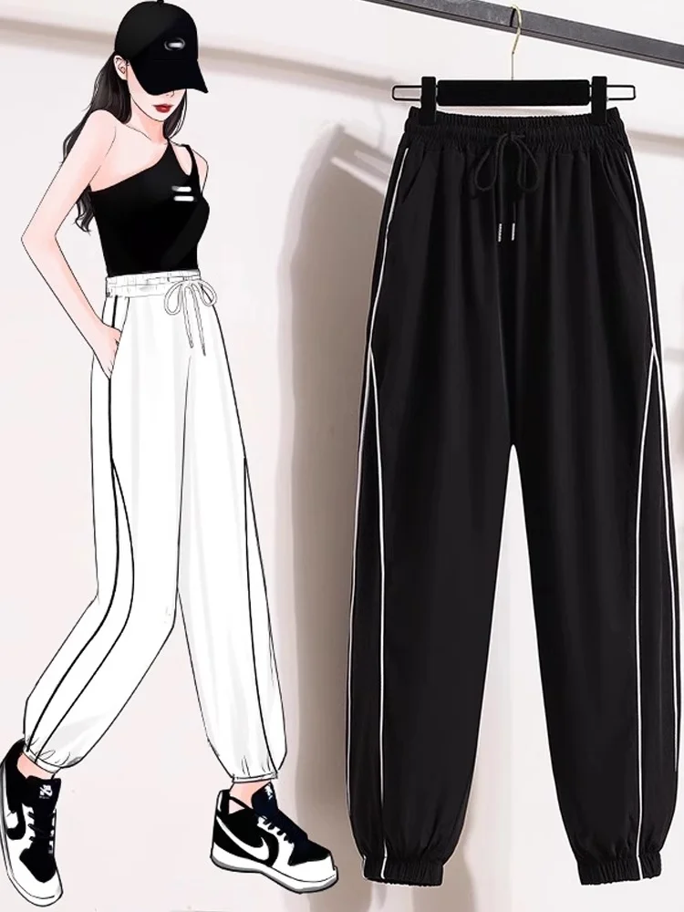 

Летние спортивные брюки из ледяного шелка для женщин, повседневные брюки-фонарики, свободные брюки-харланы с манжетами, укороченные брюки до щиколотки, тонкий дизайн, корейский стиль...