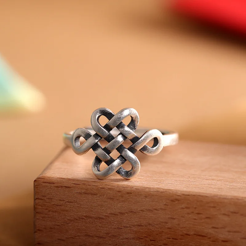 BOCAI New s925 silver jewelry retro matte Woman ring Chinese knot coiled rope ring adjustable Valentine's Day gift