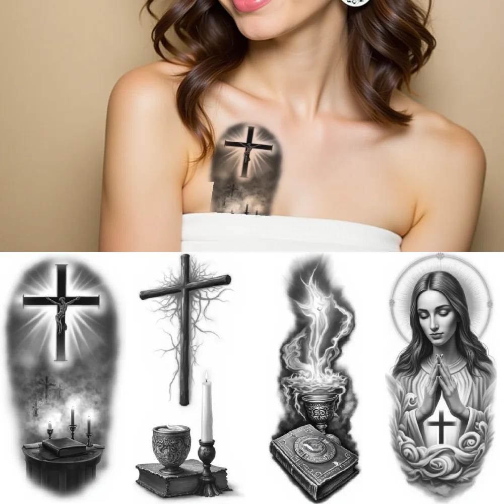 

3pcs Temporary Tattoo Praying Woman Realistic Temporary Tattoos Jesus Carrying Cross Man With Cross For Adults Thighs Men