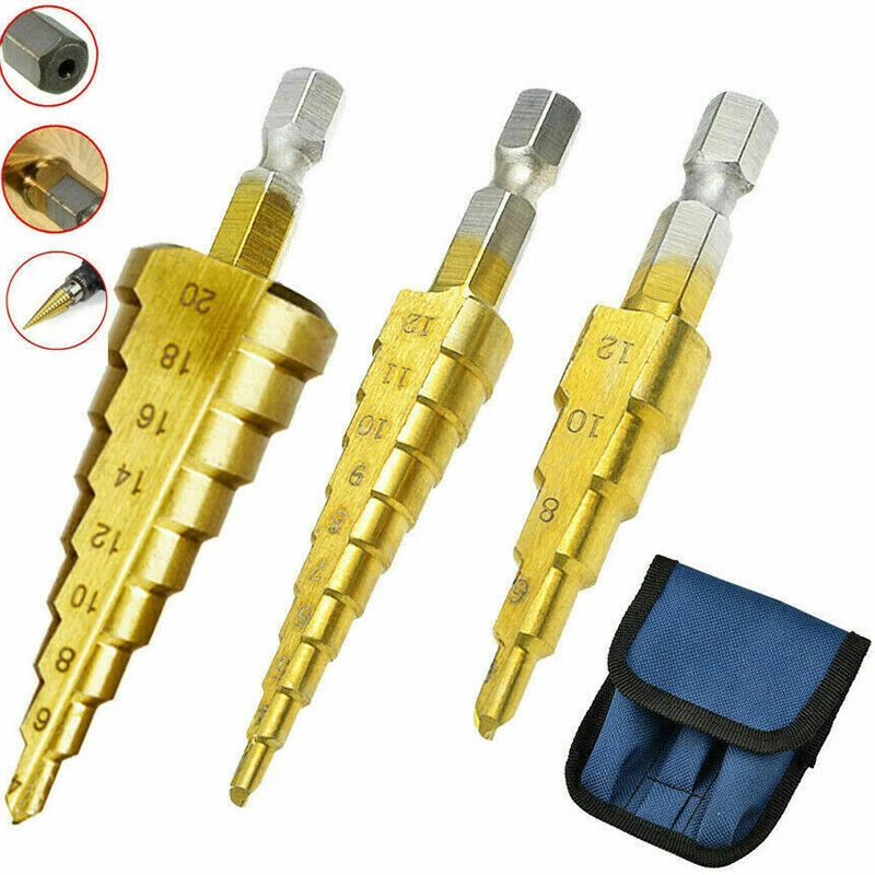 3-12mm 4-12mm 4-20mm Drilling Tools Straight Groove Step Drill Bit Titanium Coated Wood Metal Hole Cutter Core Tool 3Pcs/Set