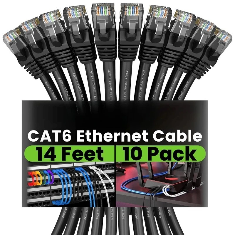 

Cat 6 Ethernet Cable (10-Pack 14 Feet) Cat6 Network Patch, 10Gbps, RJ45, Snagless Cord, Gold-Plated Connectors, Internet