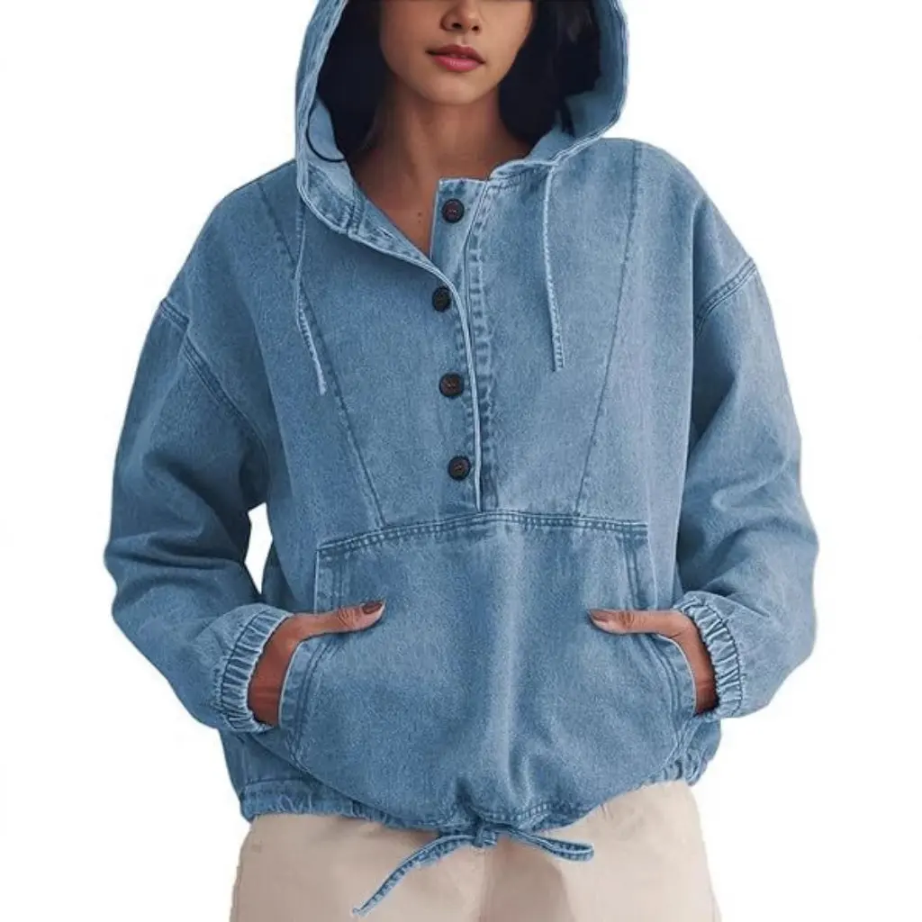 Moda feminina denim jaqueta com capuz abotoado pulôver moletom topo estilo europeu americano na moda outerwear para senhoras