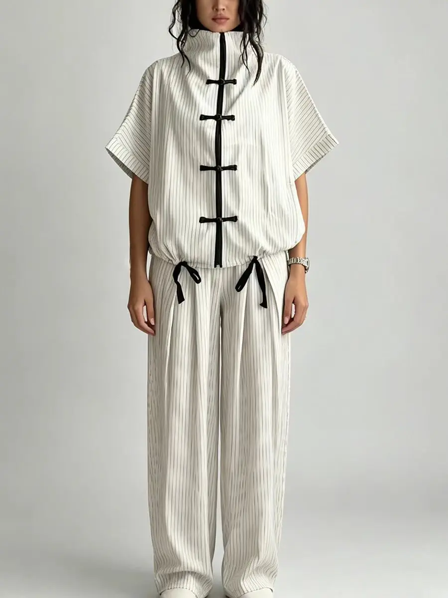 

LIMO Striped Chinese Knot Button 2-Piece Set Women Stand Collar Short Sleeve Top Wide Leg Pants Casual Streetwear Suit